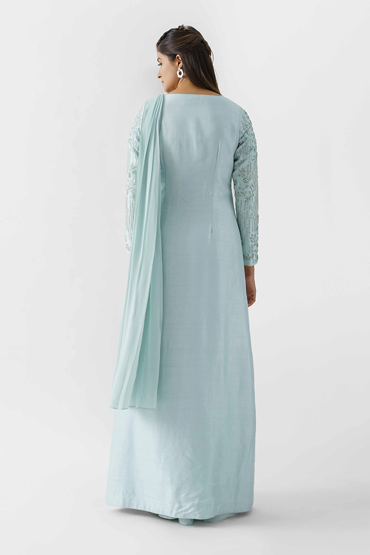 Light Blue Hand Embroidered Saree With Jacket