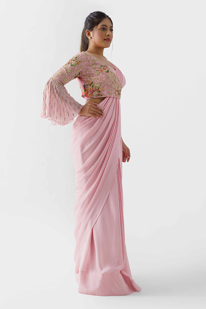 Blush Pink Pre-Draped Saree Set