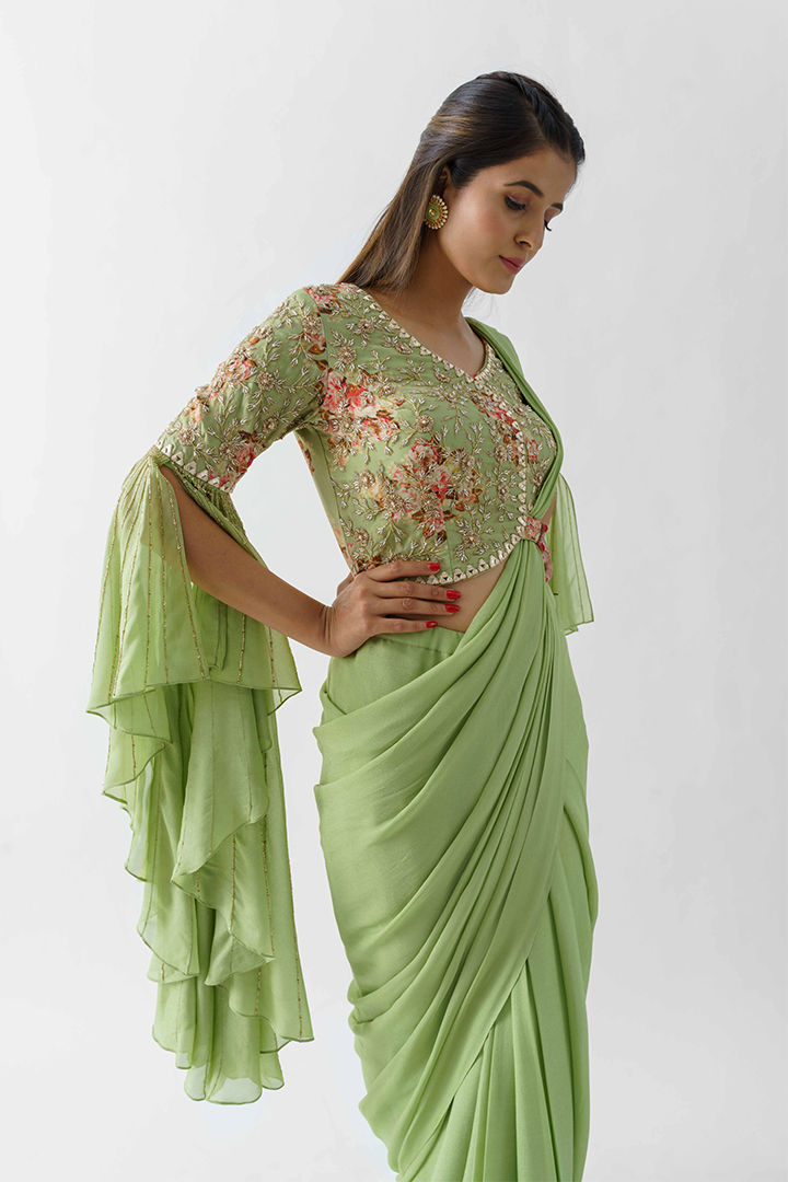 Green Hand Embroidered Pre-Draped Saree Set