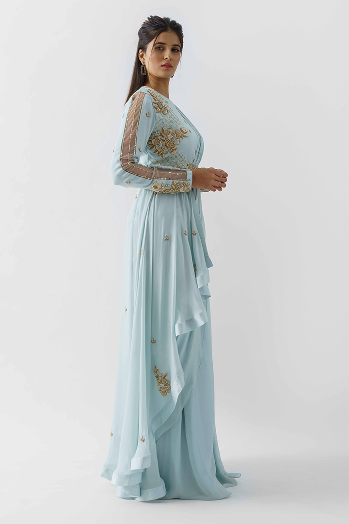 light Blue Pre-Draped Saree Set