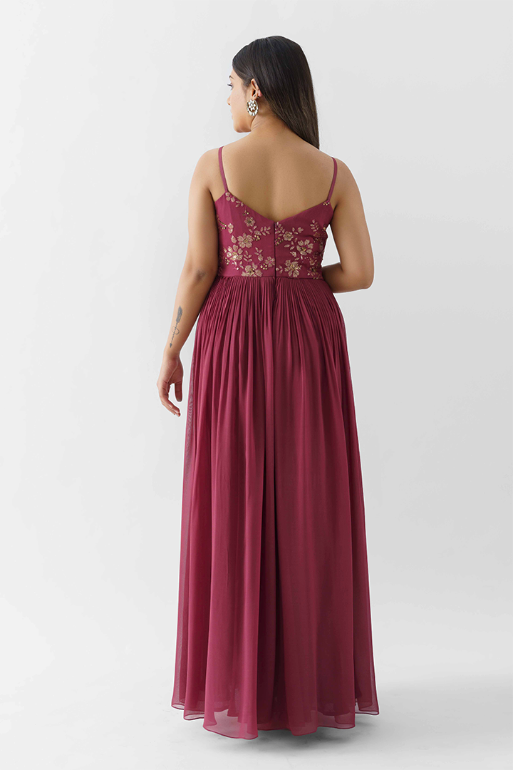 Wine Sequins Embroidered Dress