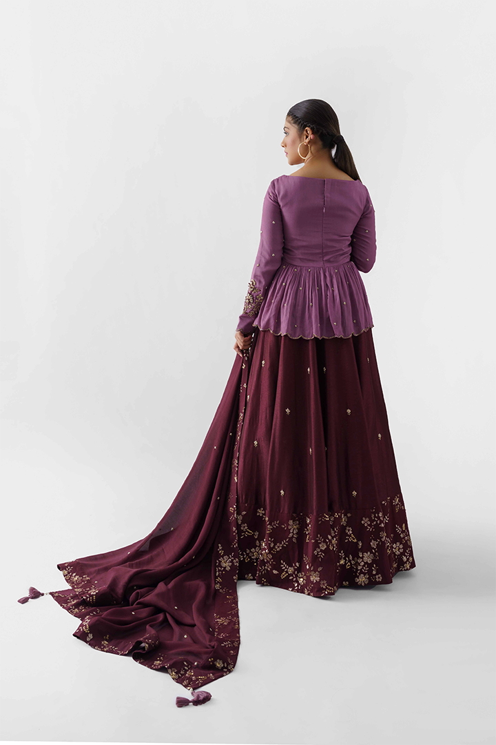 Wine & Mauve Sequins Embroidered Lehenga