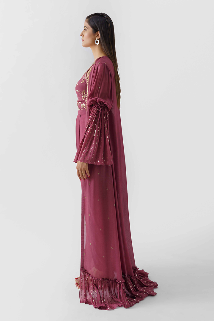 Wine Embroidered draped Dress With Jacket