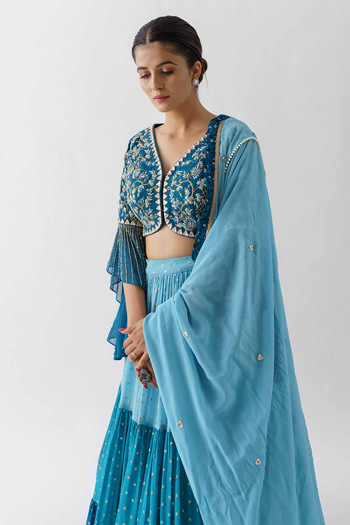 Blue Embroidered Layered Lehenga