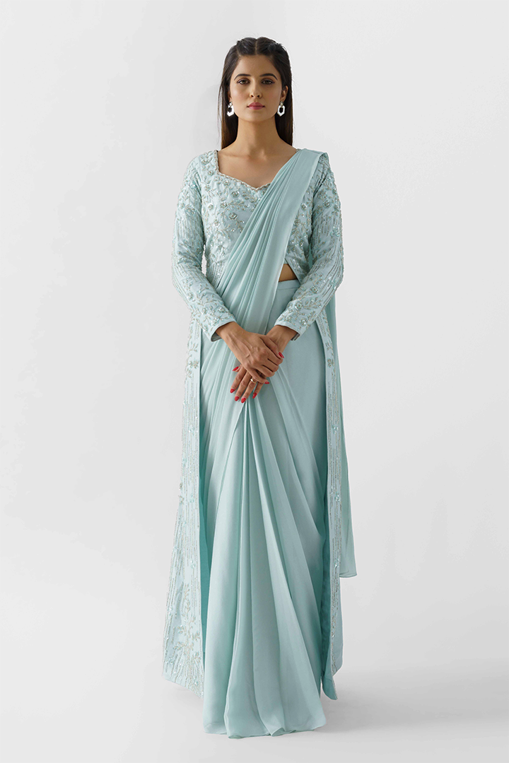 Light Blue Hand Embroidered Saree With Jacket