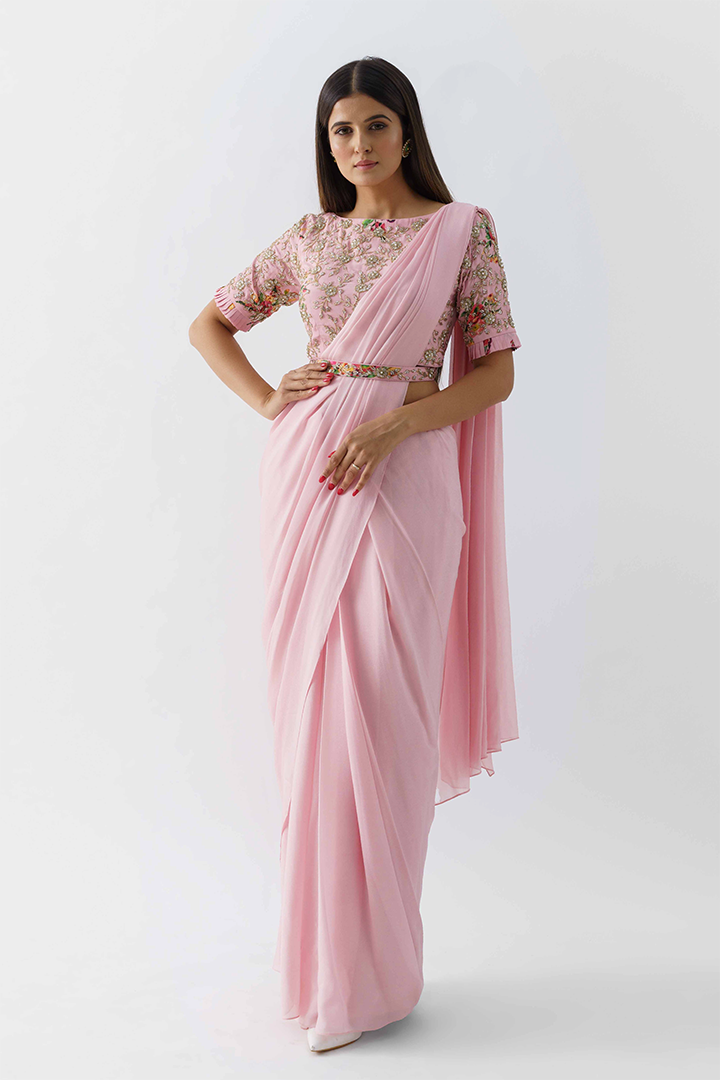 Blush Pink Pre-Draped Saree Set
