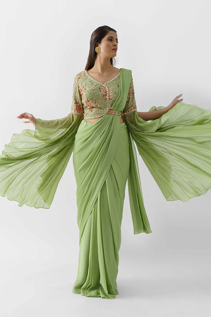 Green Hand Embroidered Pre-Draped Saree Set