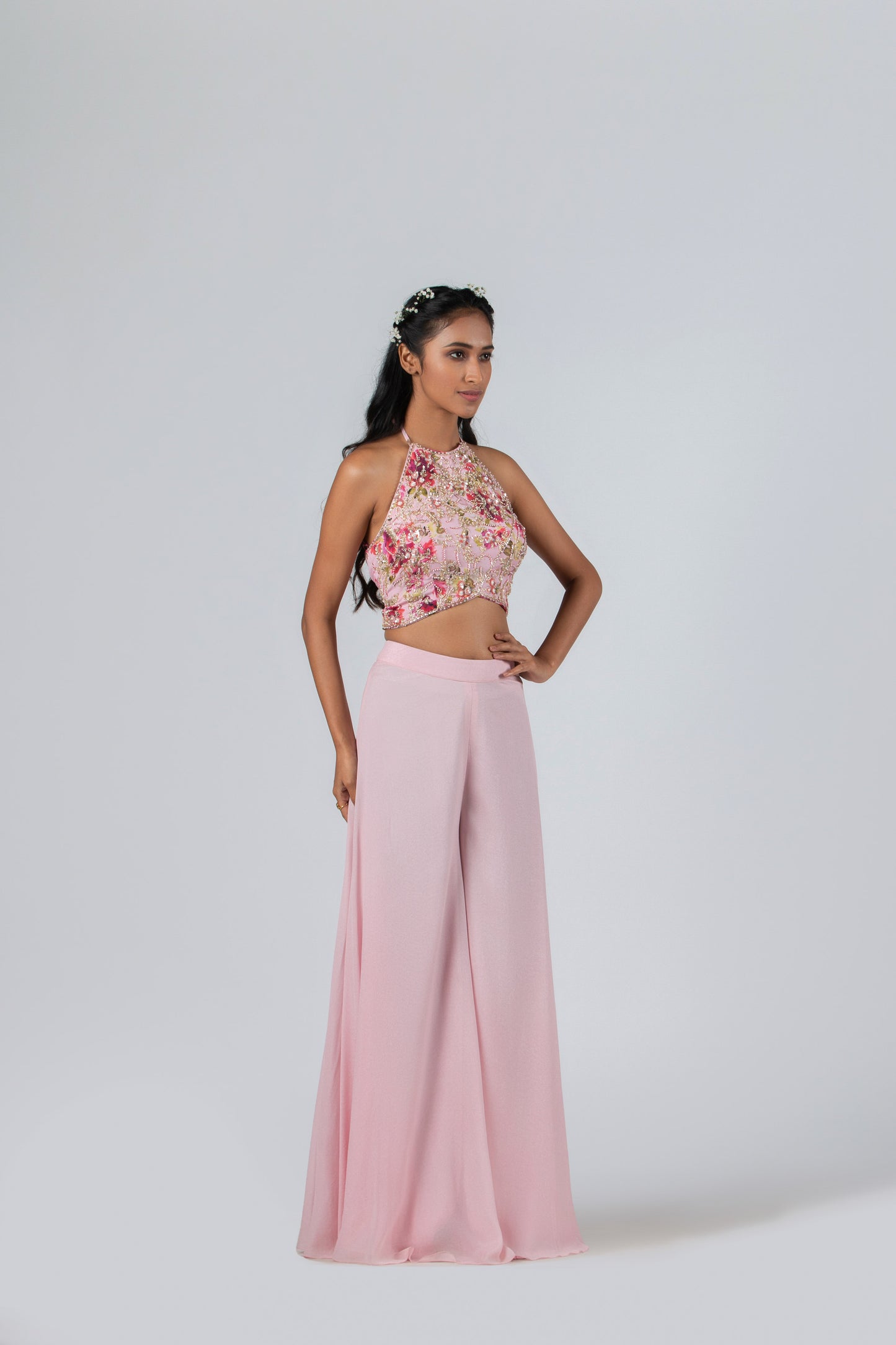 Light Pink Georgette Crepe Flared Pant Set