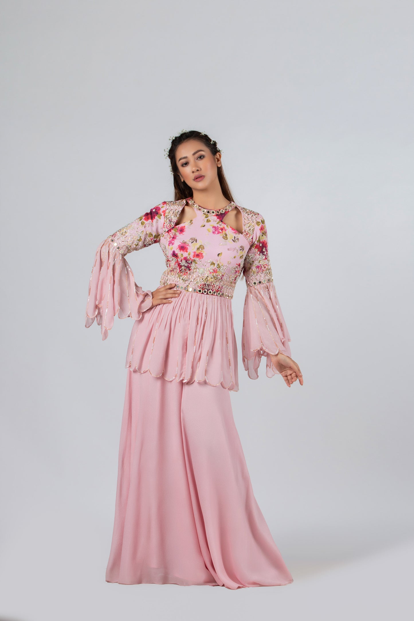 Light Pink Georgette Crepe Flared Pant Set