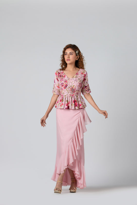 Light Pink High-Low Draped Skirt Set