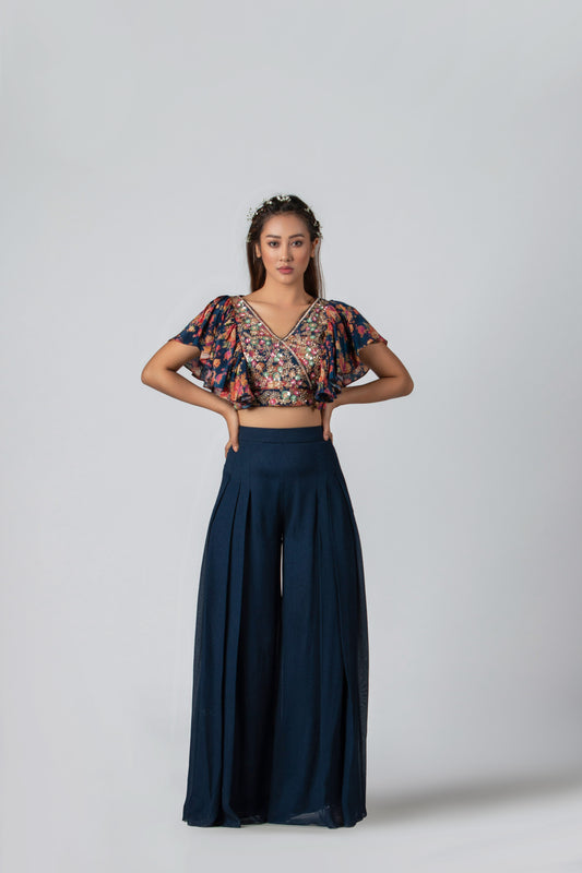 Dark Navy Blue Pleated Flared Pant Set