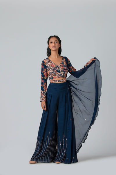 Dark Navy Blue Hand Embroidered Flared Pant Set