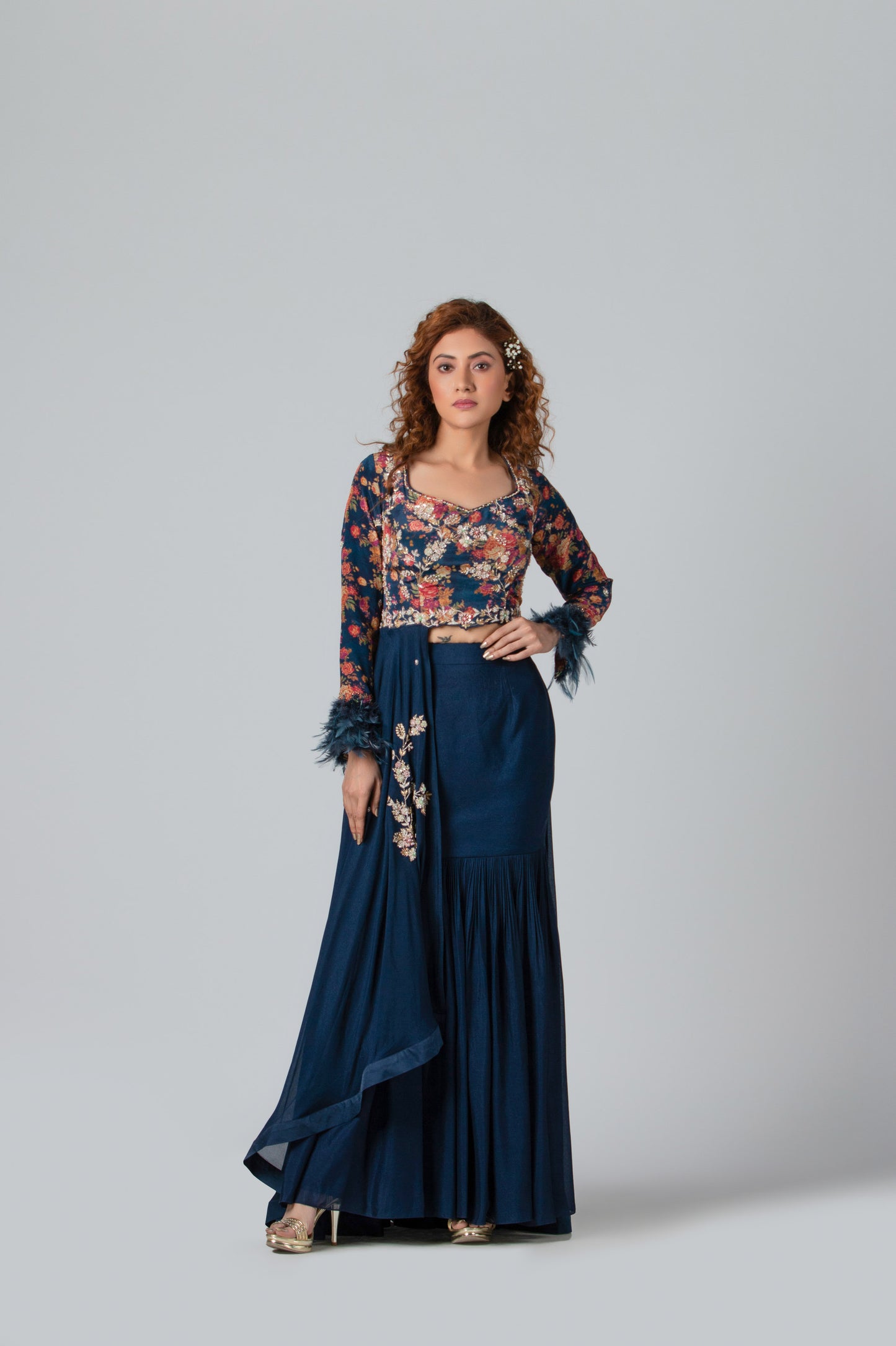 Dark Navy Blue Georgette Crepe Fish-Cut Skirt Set