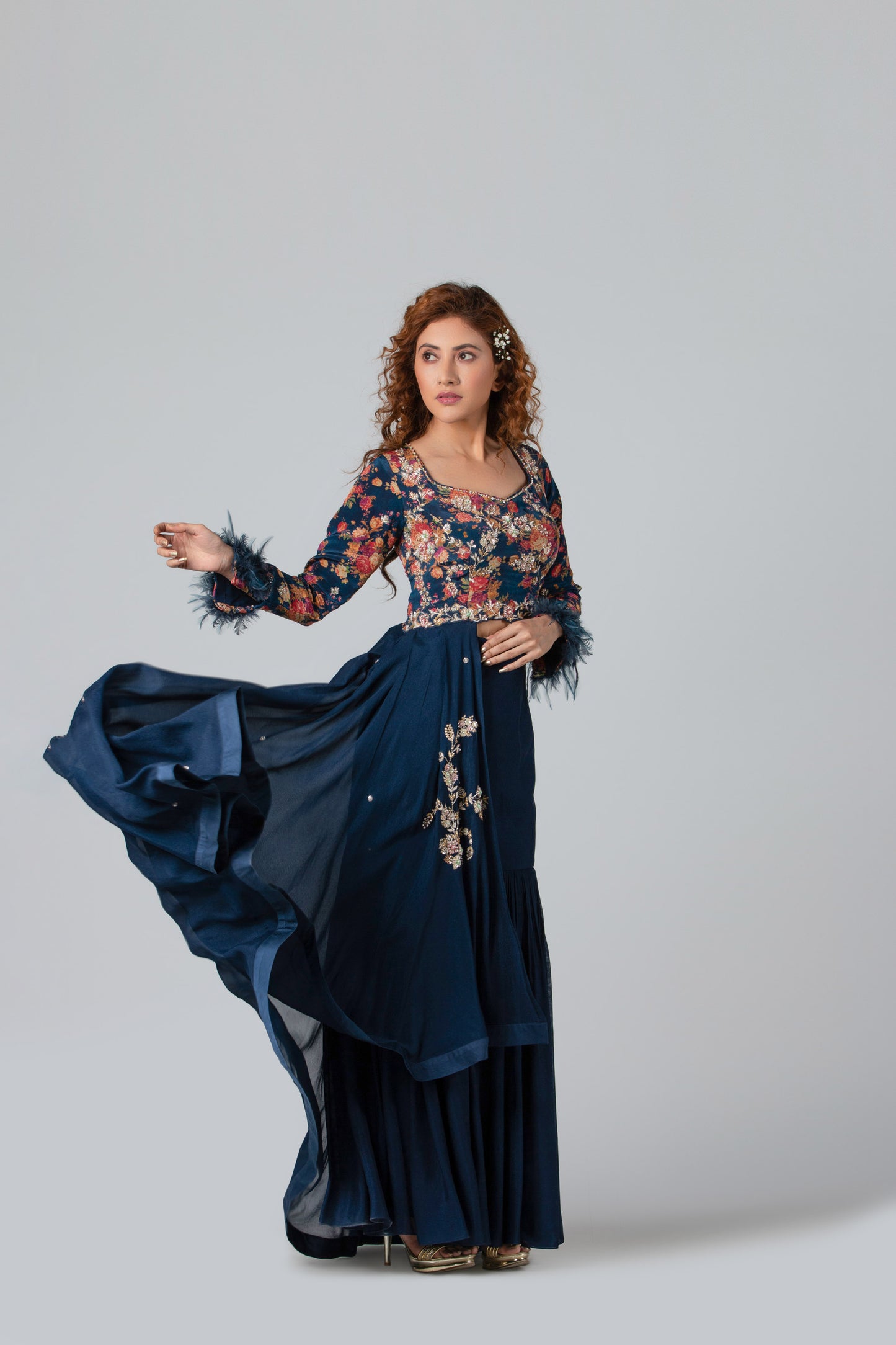 Dark Navy Blue Georgette Crepe Fish-Cut Skirt Set