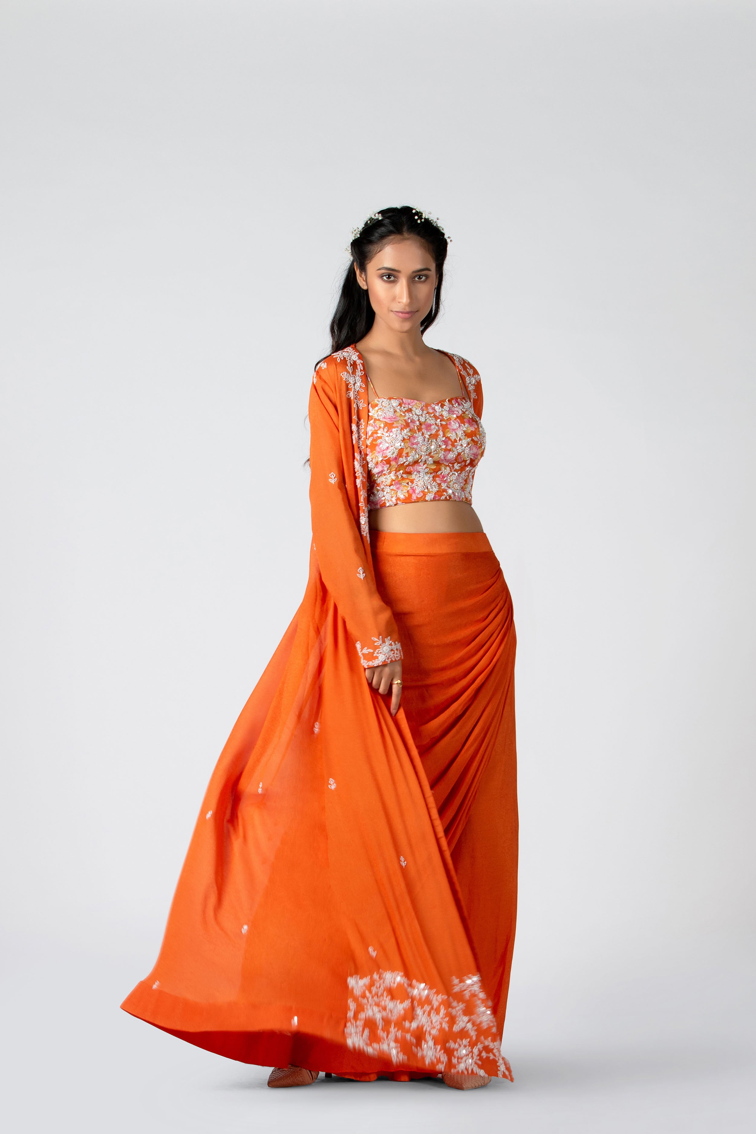 Burning Orange Hand Embroidered Jacket Set