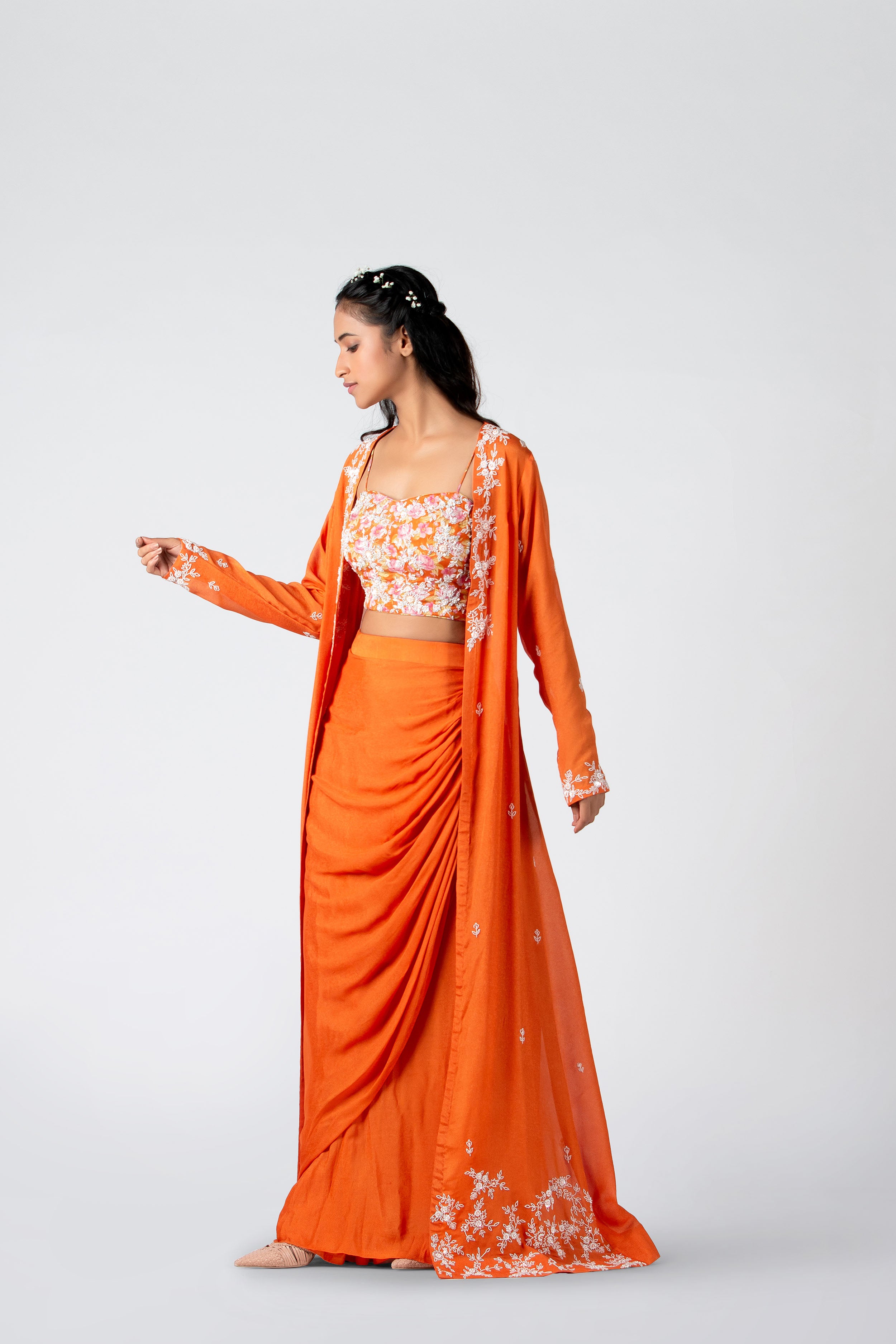 Burning Orange Hand Embroidered Jacket Set