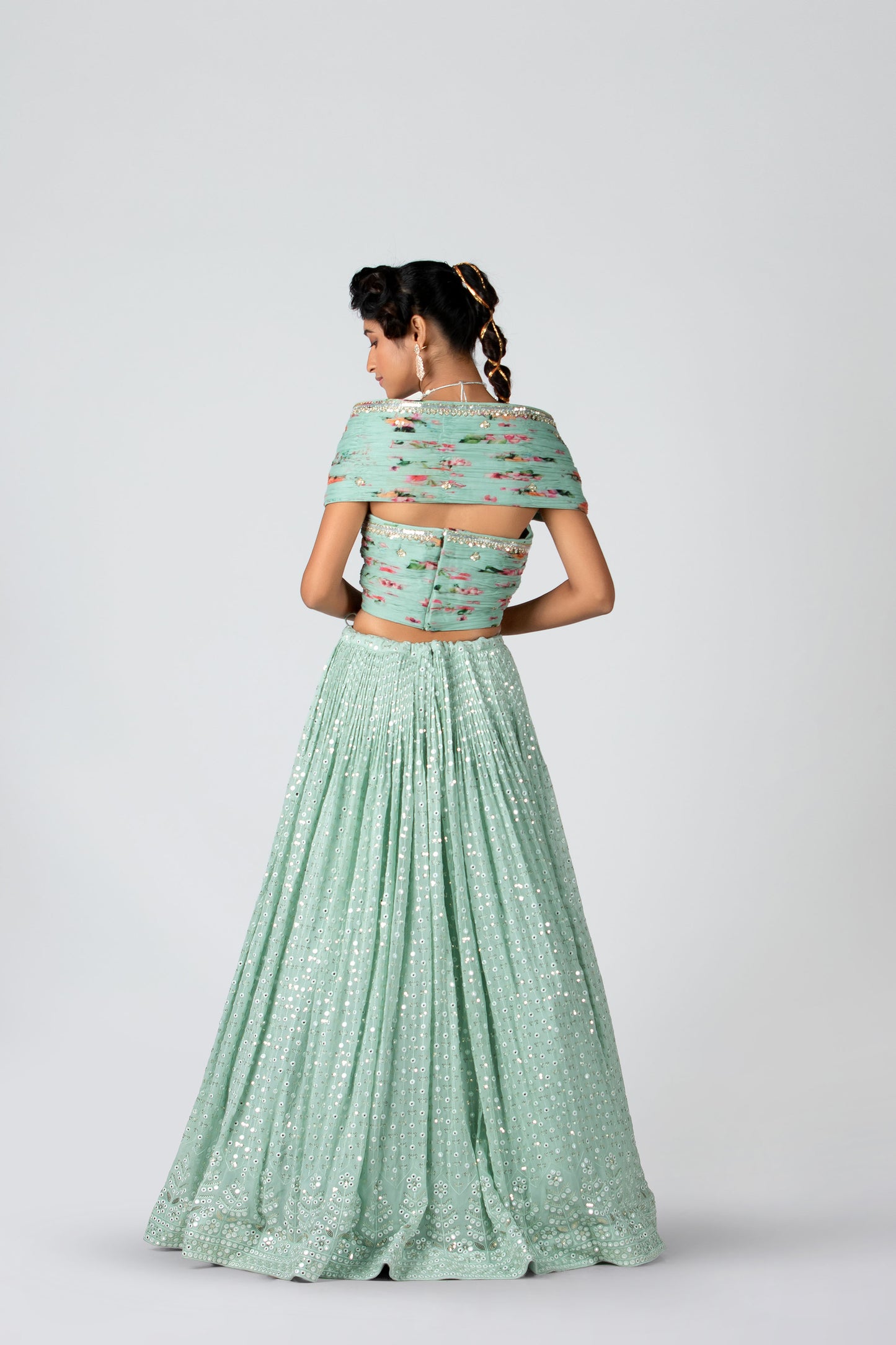 Sea-Green Georgette & Organza Skirt Lehenga Set