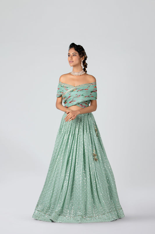 Sea-Green Georgette & Organza Skirt Lehenga Set