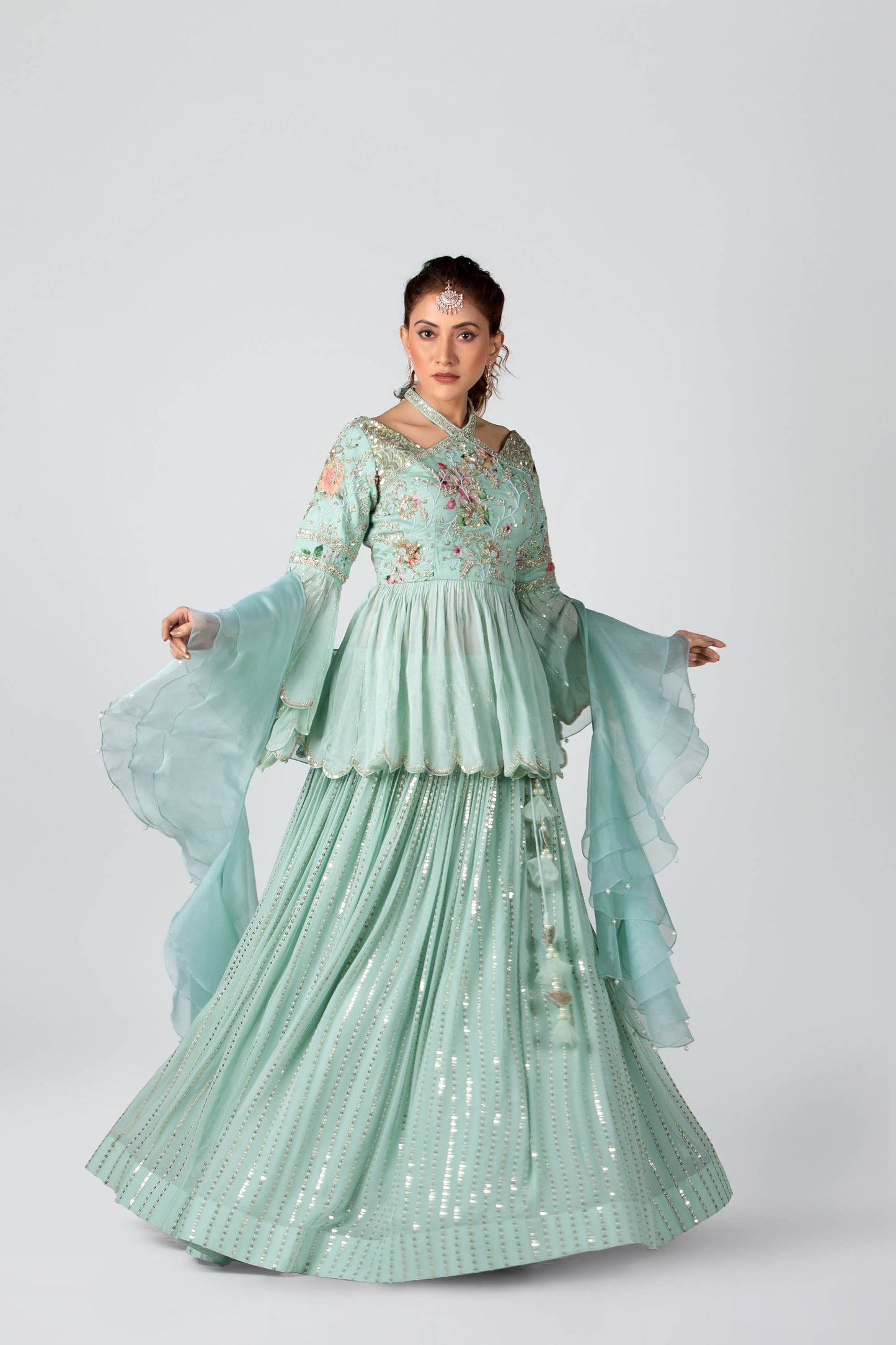 Sea-Green Organza & Georgette Lehenga Set