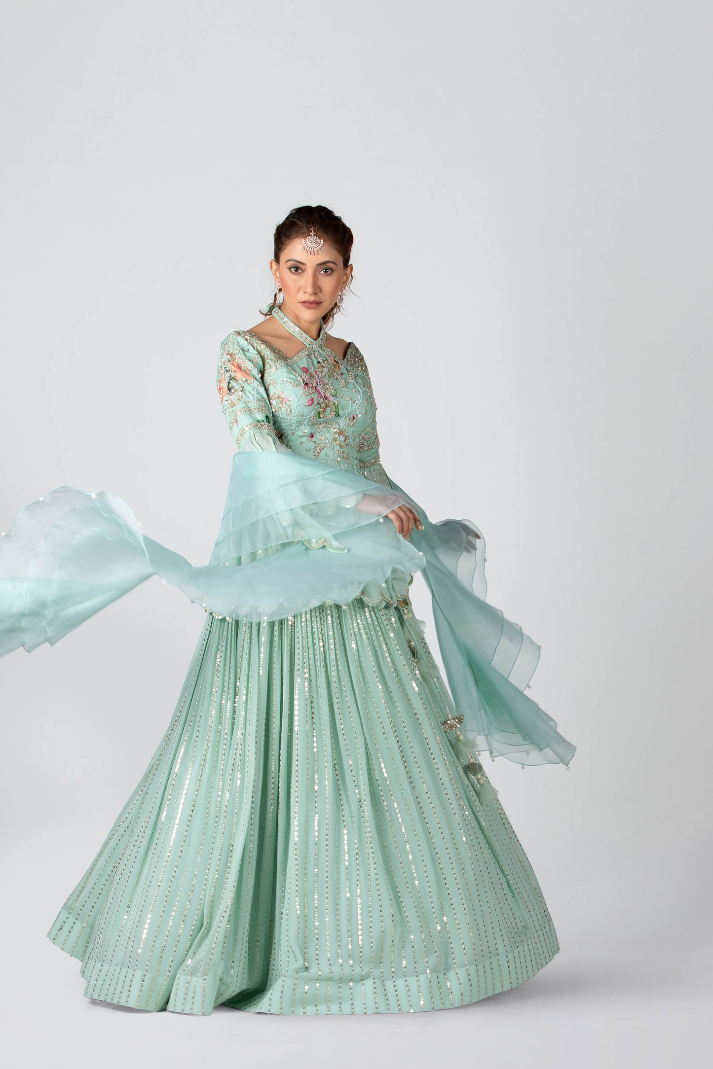 Sea-Green Organza & Georgette Lehenga Set