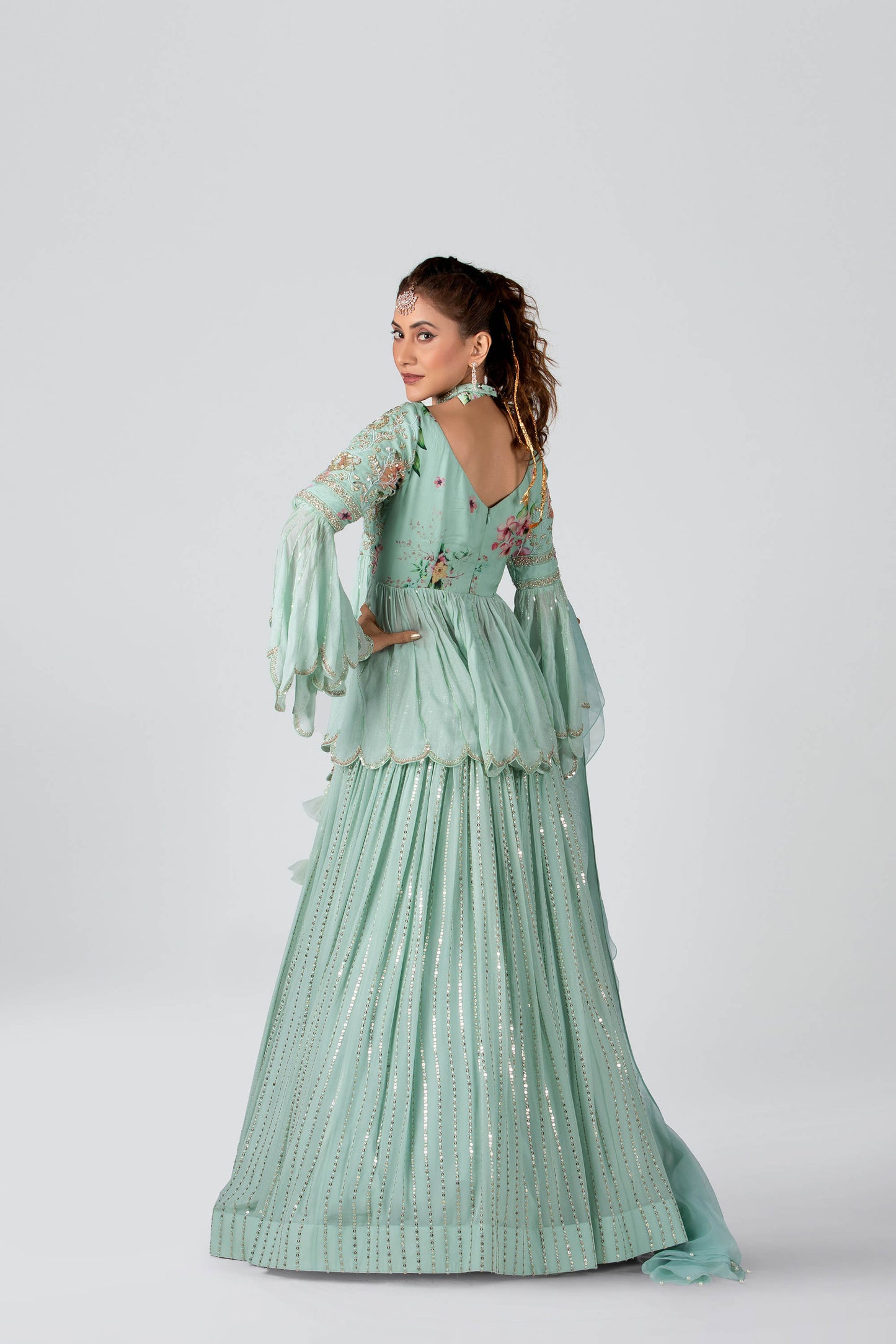 Sea-Green Organza & Georgette Lehenga Set