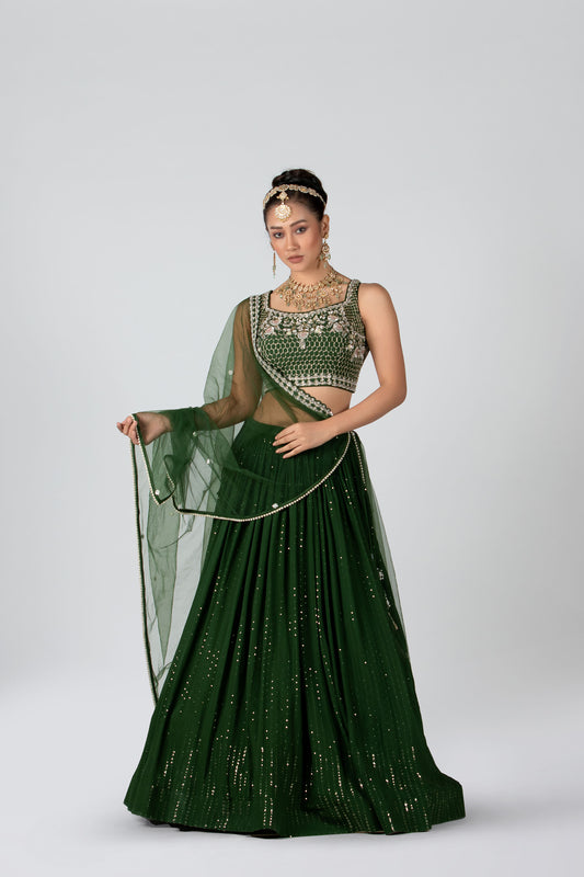 Forest Green Georgette & Net Lehenga Set