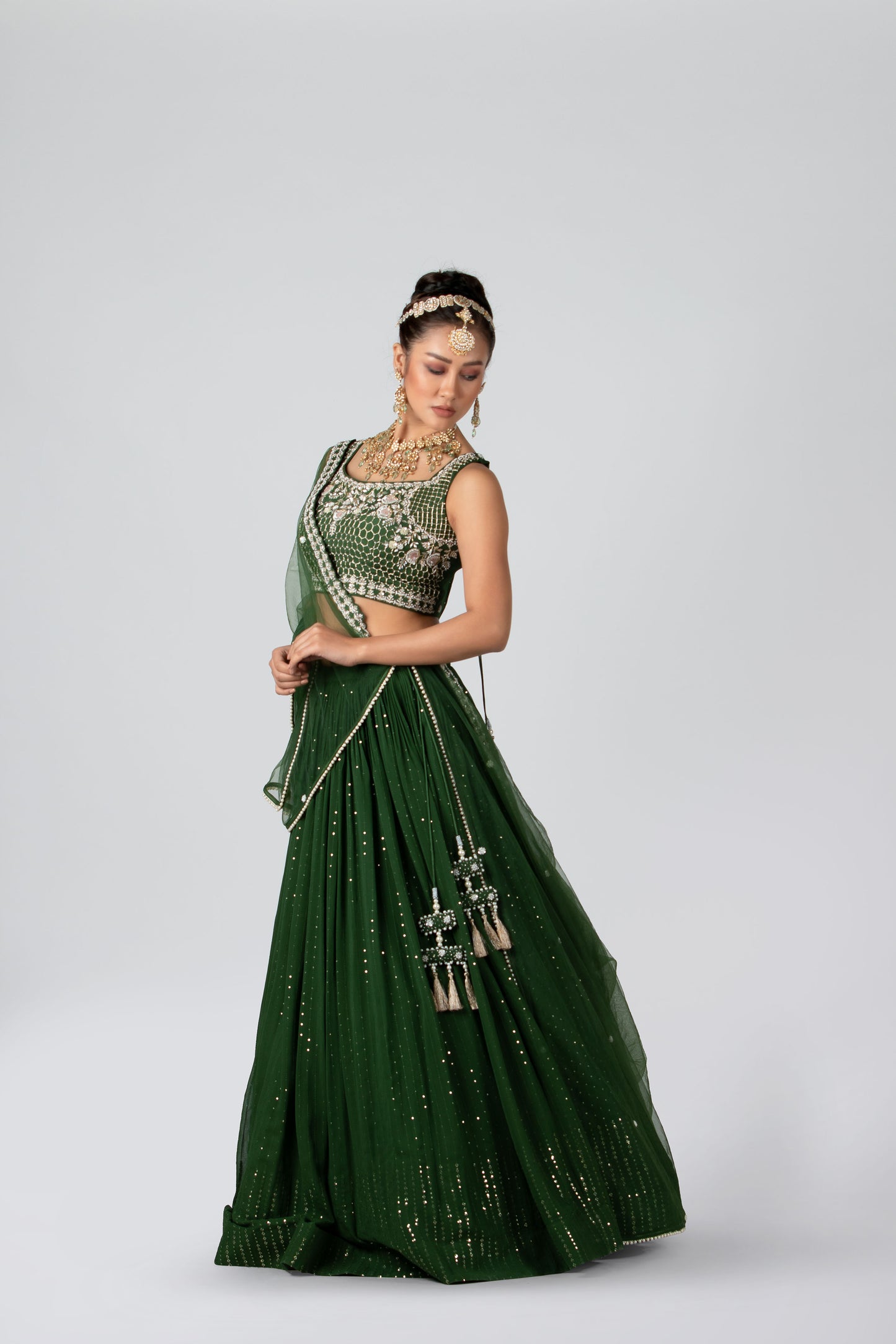 Forest Green Georgette & Net Lehenga Set