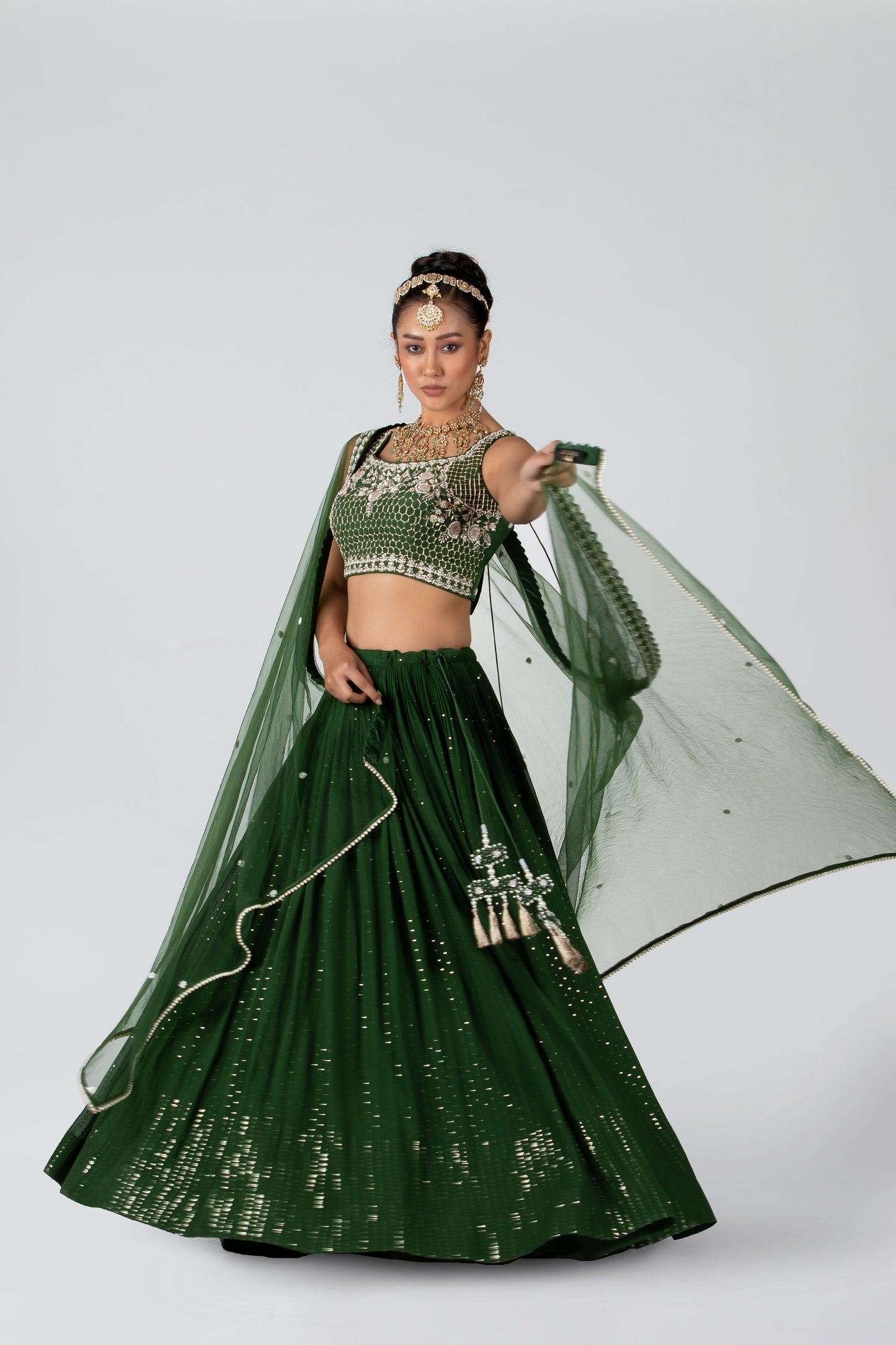 Forest Green Georgette & Net Lehenga Set