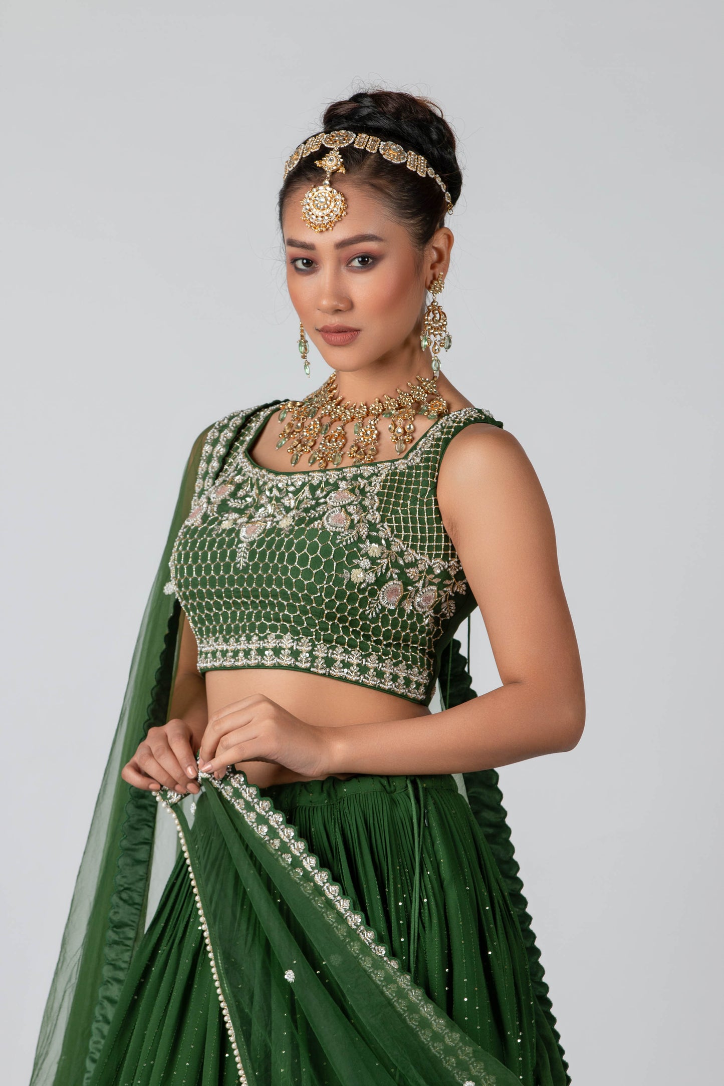 Forest Green Georgette & Net Lehenga Set