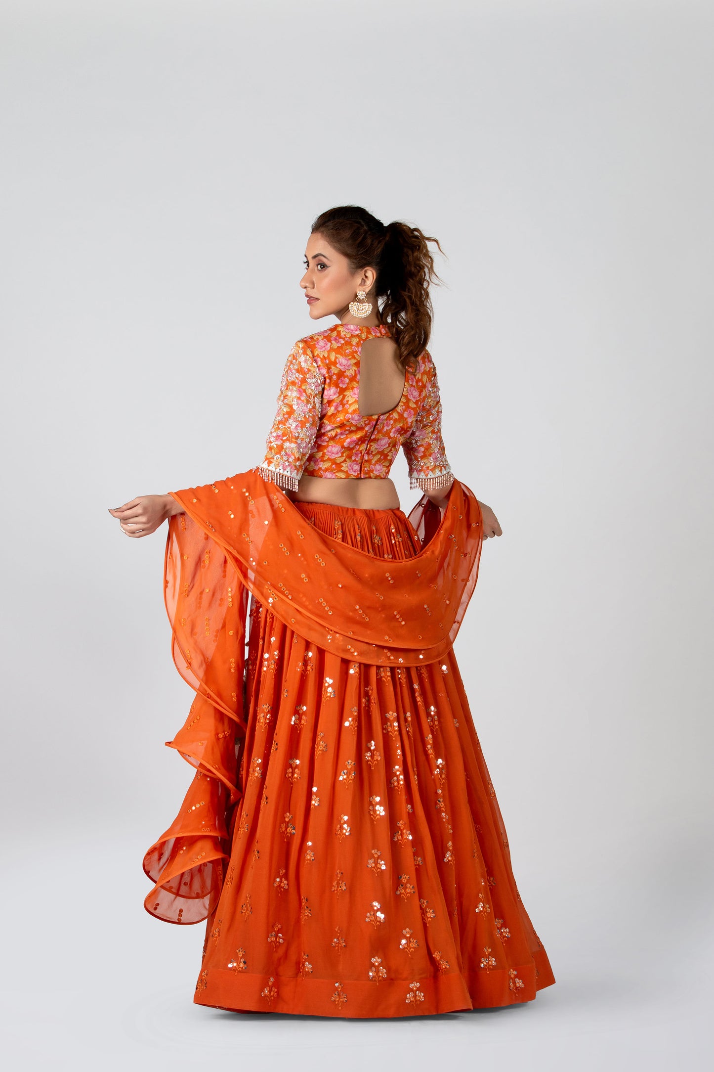 Deep Orange Embroidered Pleated Lehengha Set