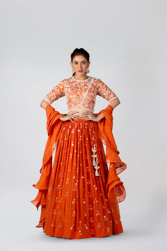 Deep Orange Embroidered Pleated Lehengha Set