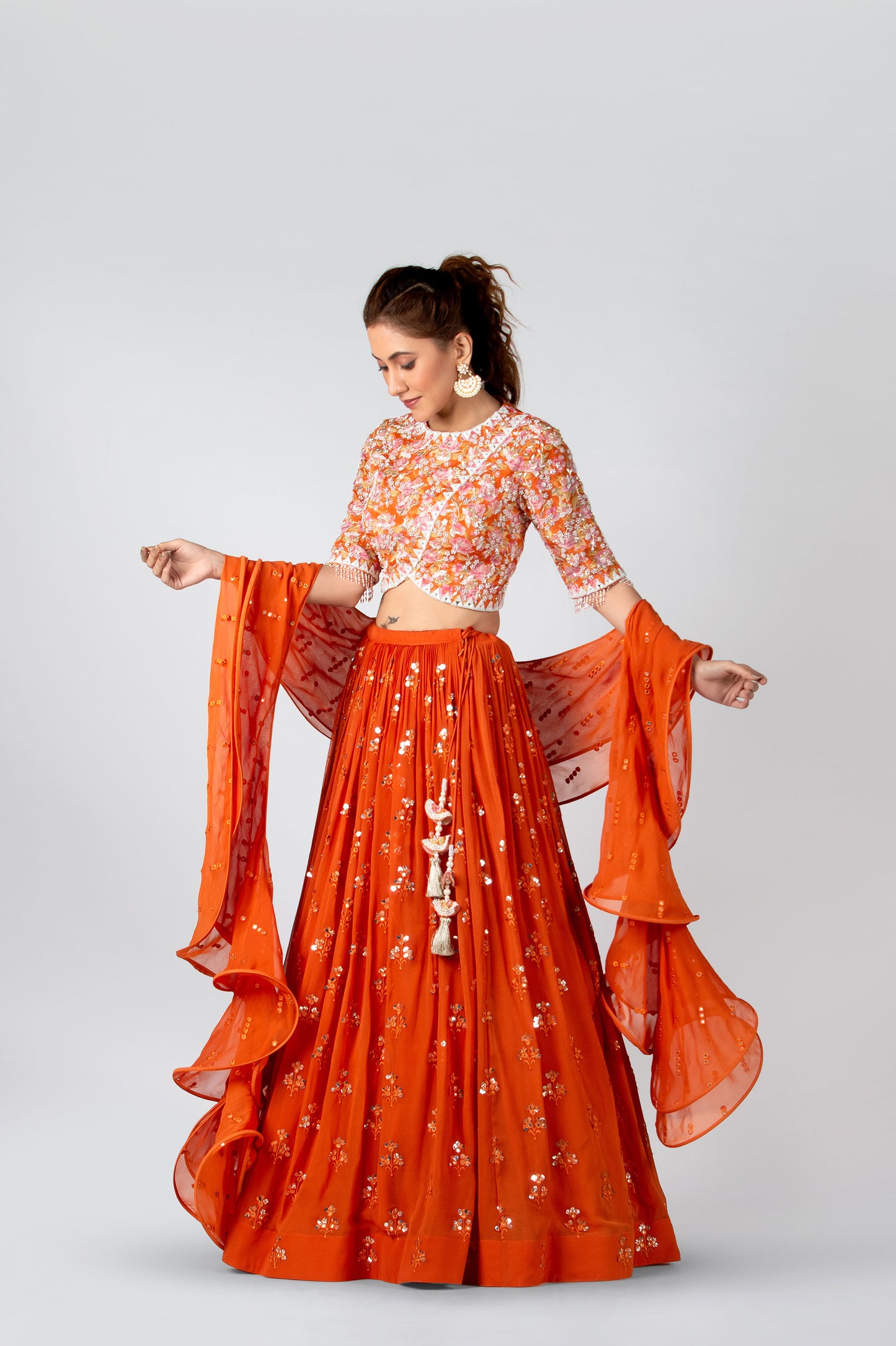 Deep Orange Embroidered Pleated Lehengha Set