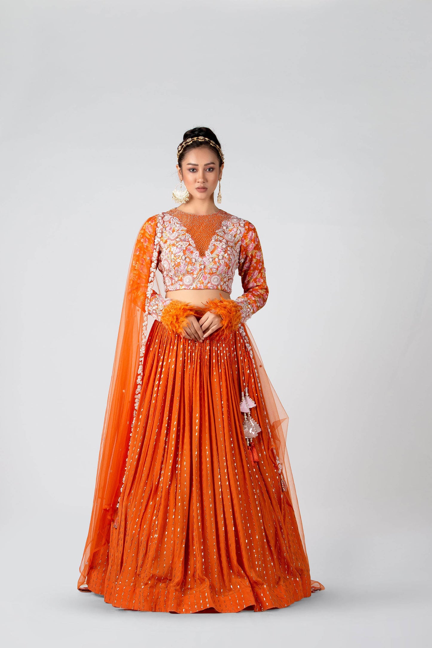 Blaze Orange Pleated Lehenga Set