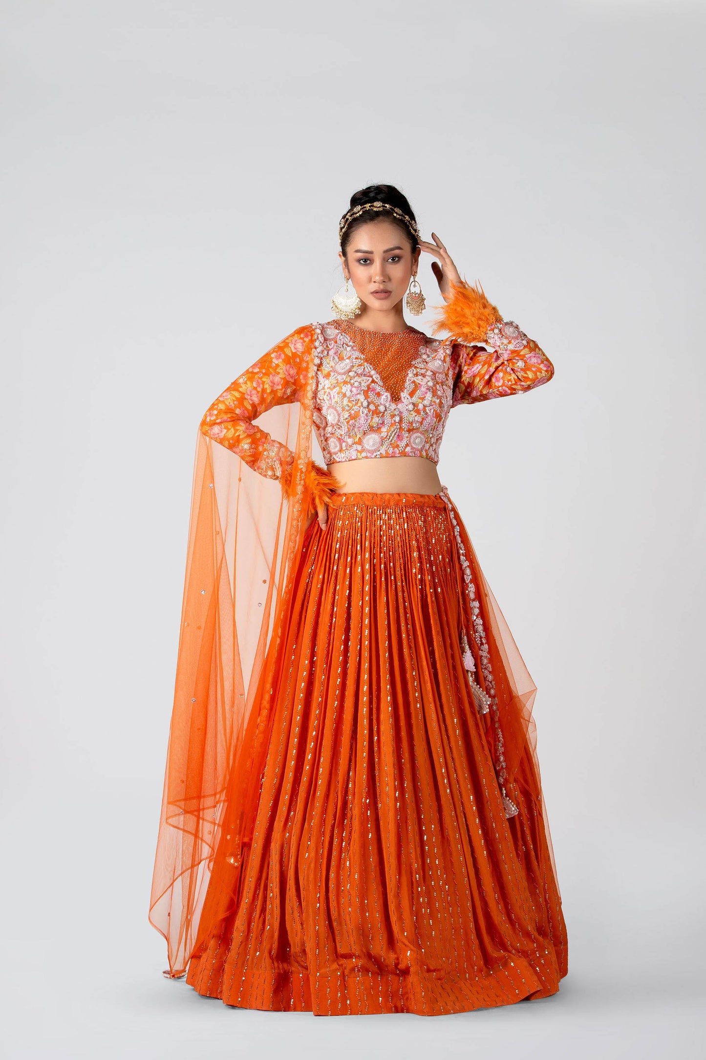 Blaze Orange Pleated Lehenga Set