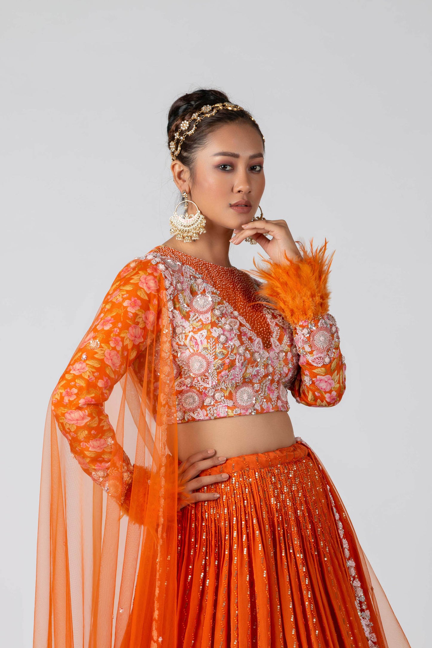 Blaze Orange Pleated Lehenga Set