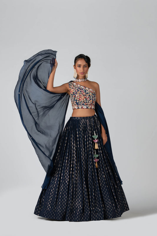 Navy Blue Embroidered Lehenga Set