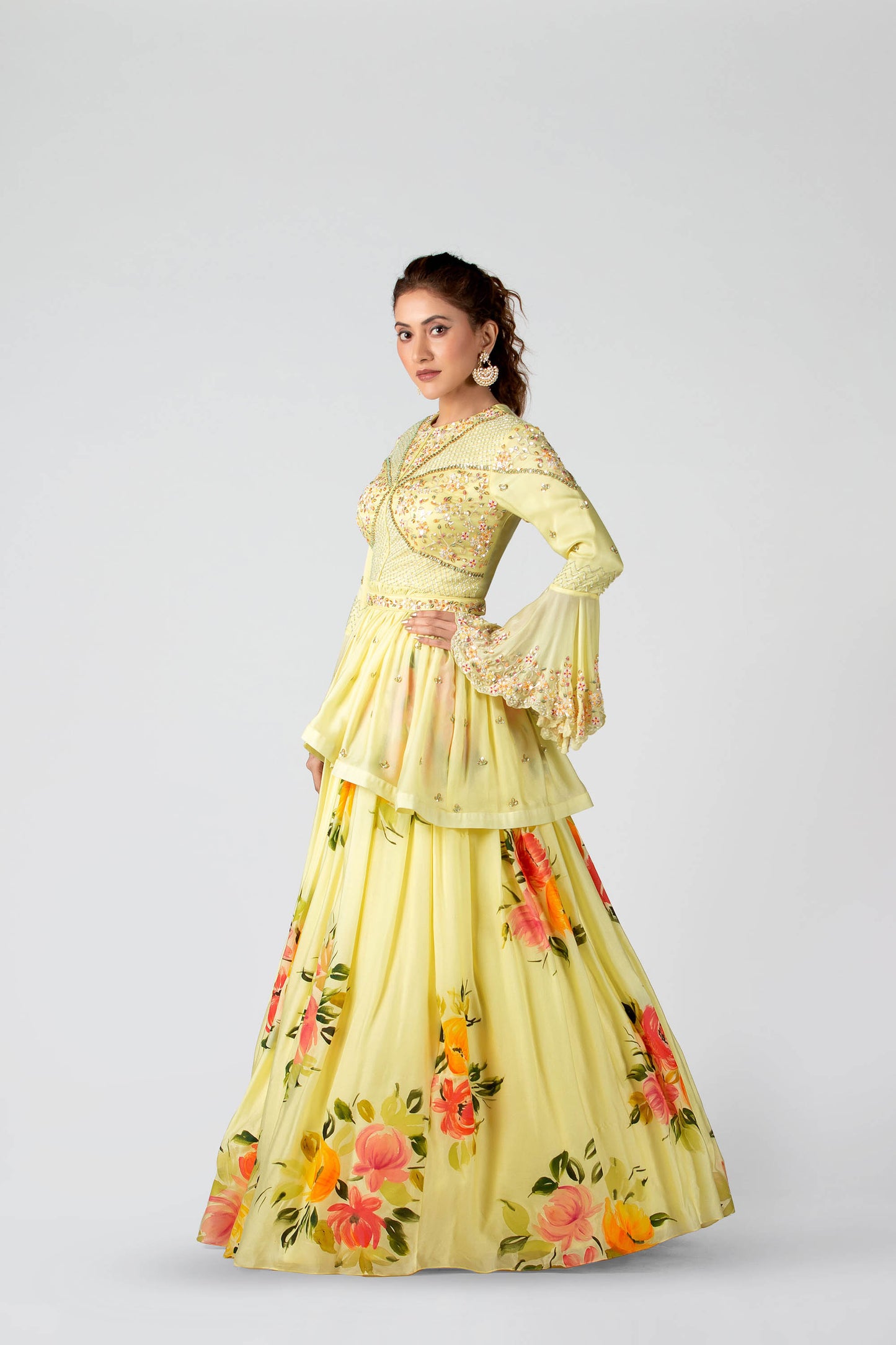 Pastel Yellow Hand-Painted Pleated Lehenga Set