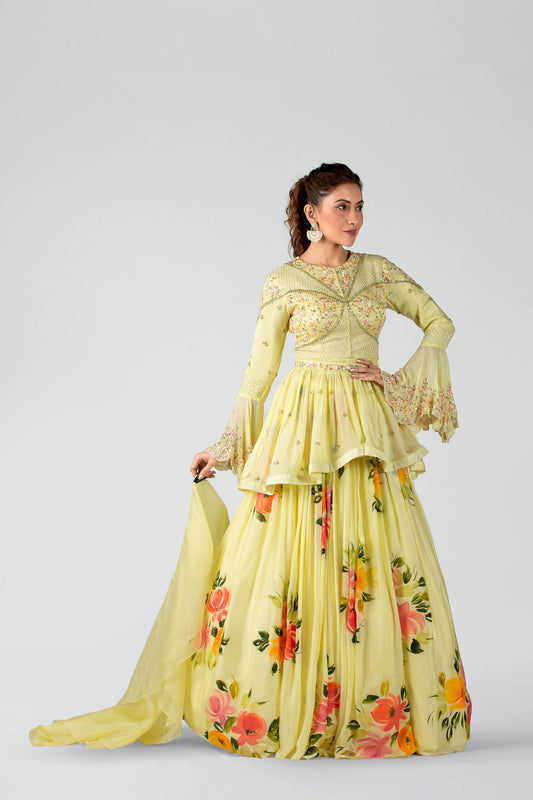 Pastel Yellow Hand-Painted Pleated Lehenga Set