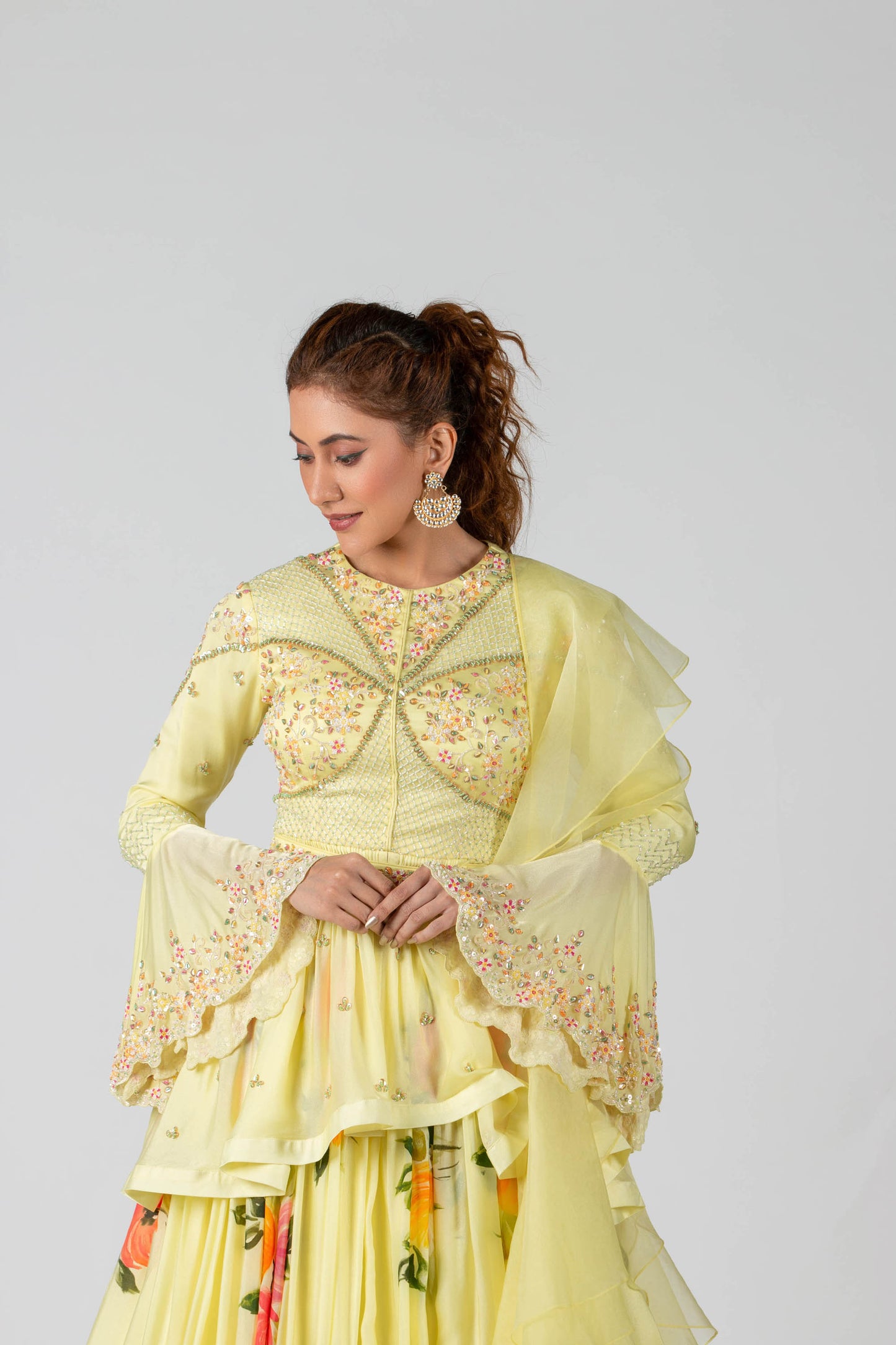 Pastel Yellow Hand-Painted Pleated Lehenga Set