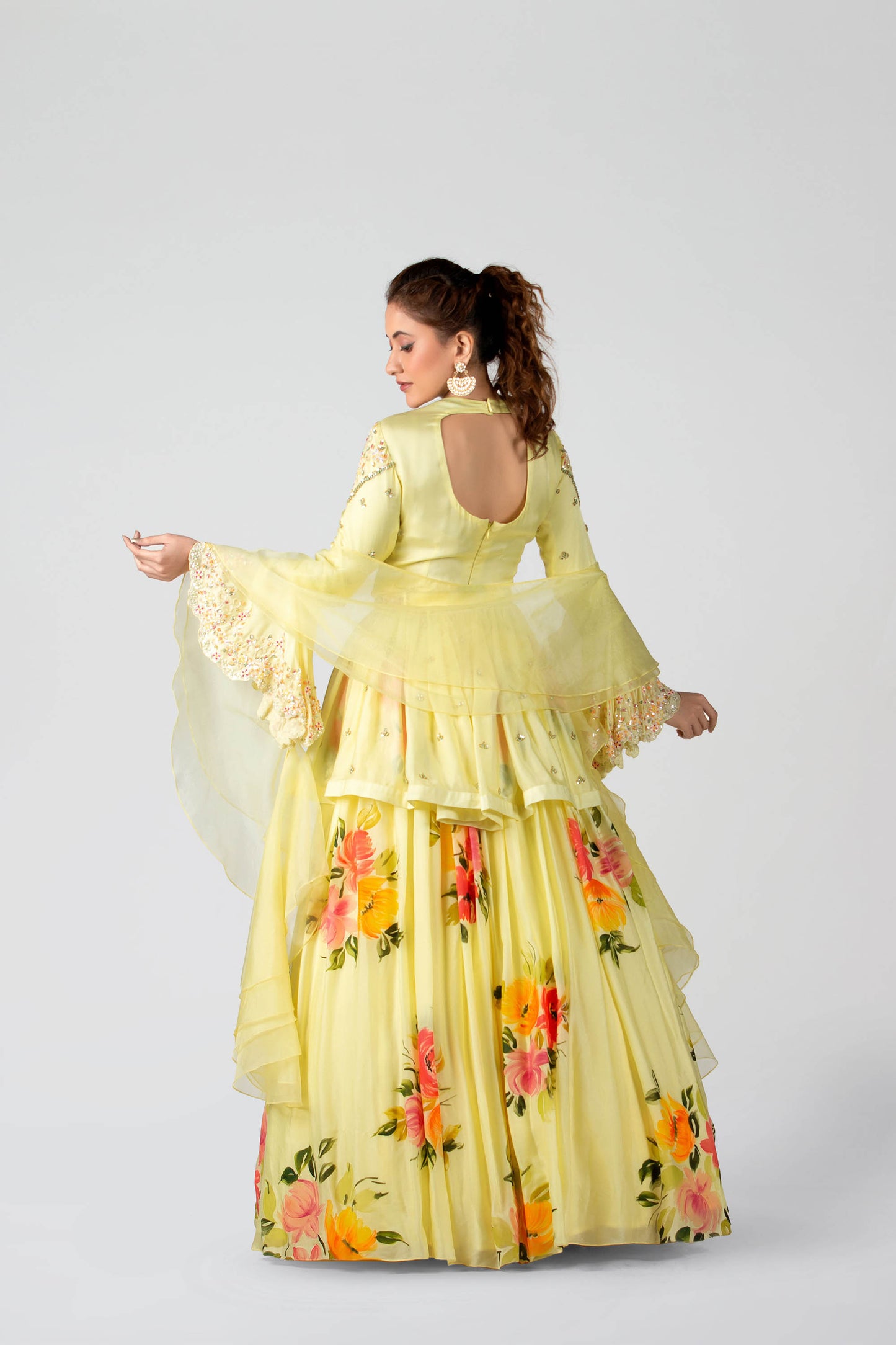 Pastel Yellow Hand-Painted Pleated Lehenga Set