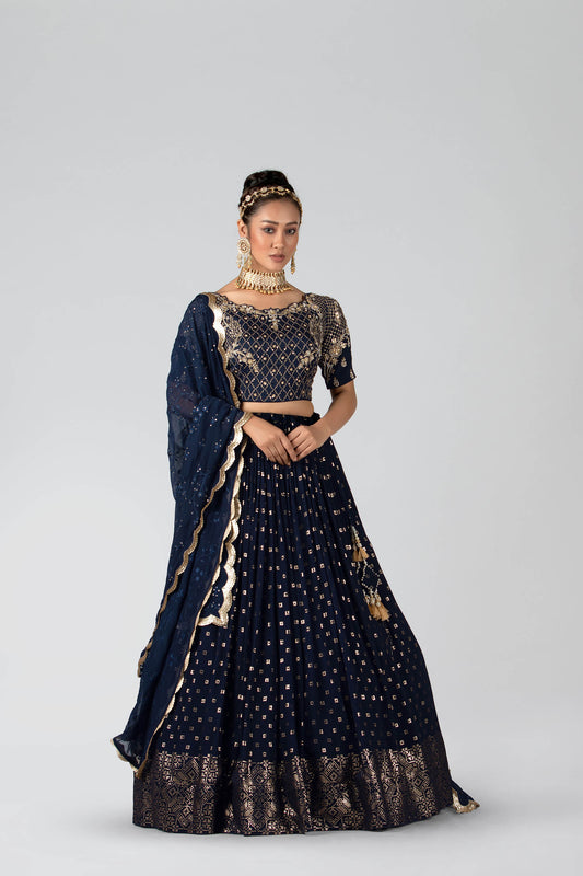 Dark Navy Blue Embroidered Lehenga Set