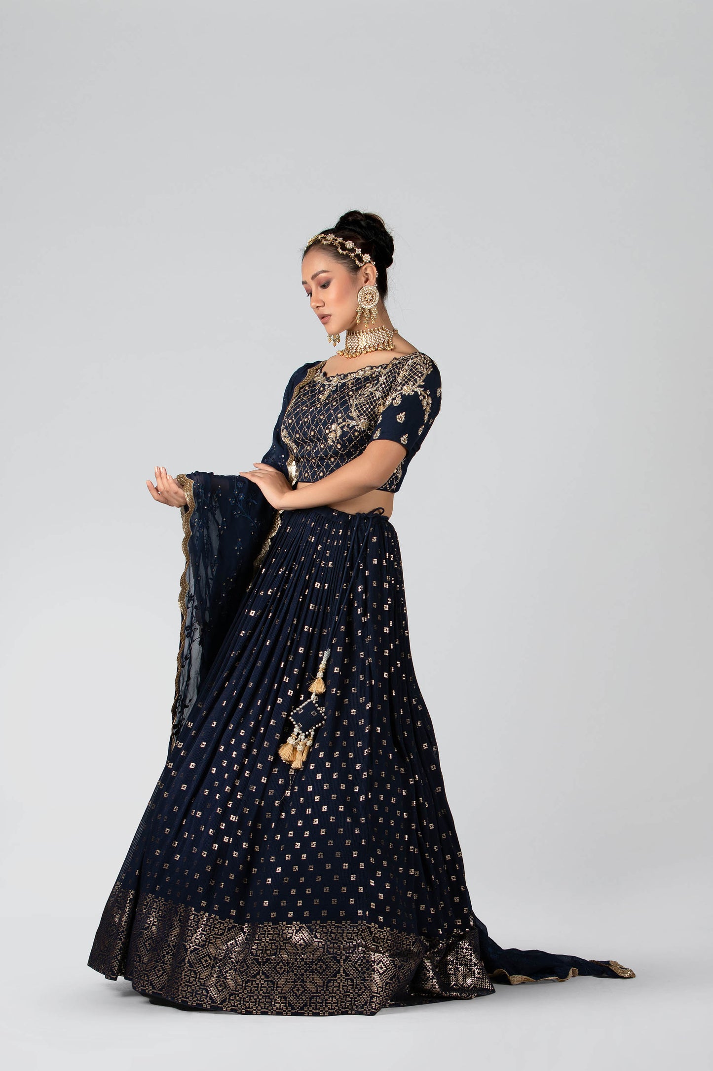 Dark Navy Blue Embroidered Lehenga Set