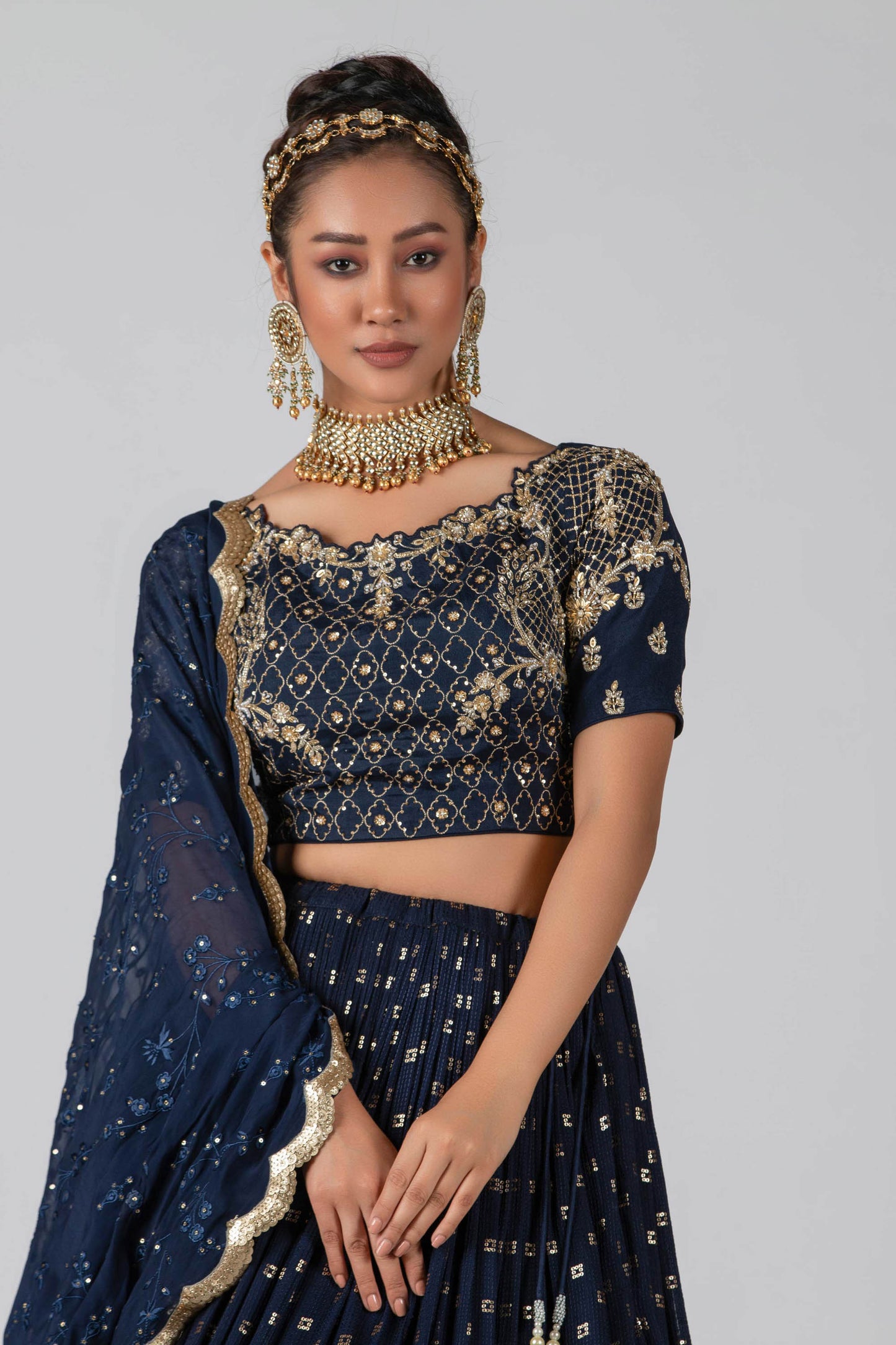 Dark Navy Blue Embroidered Lehenga Set