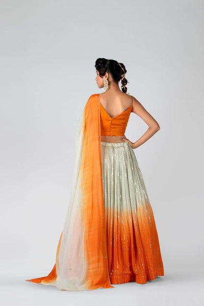 Blaze Orange & Sea-Green Pleated Skirt Lehenga Set