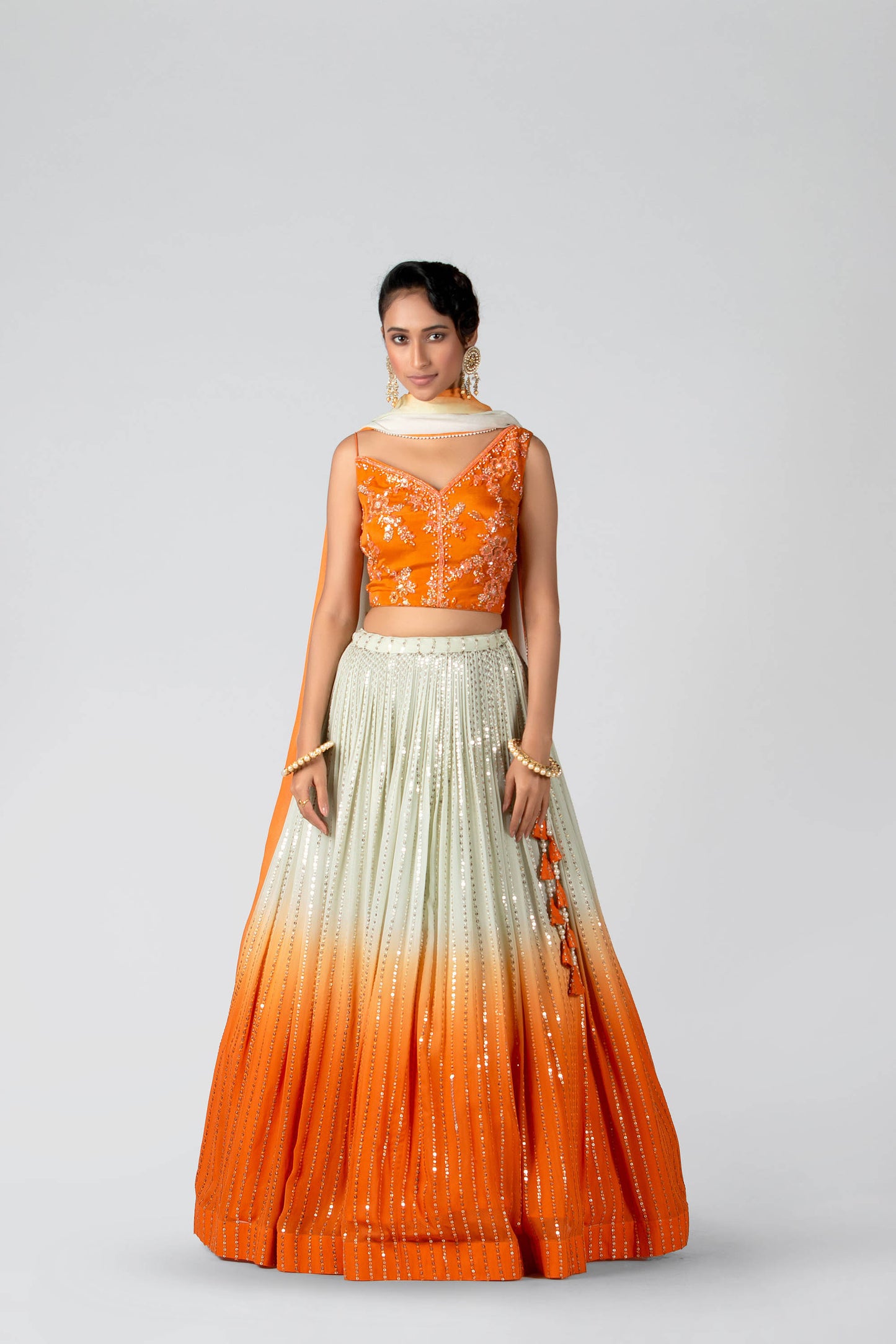 Blaze Orange & Sea-Green Pleated Skirt Lehenga Set