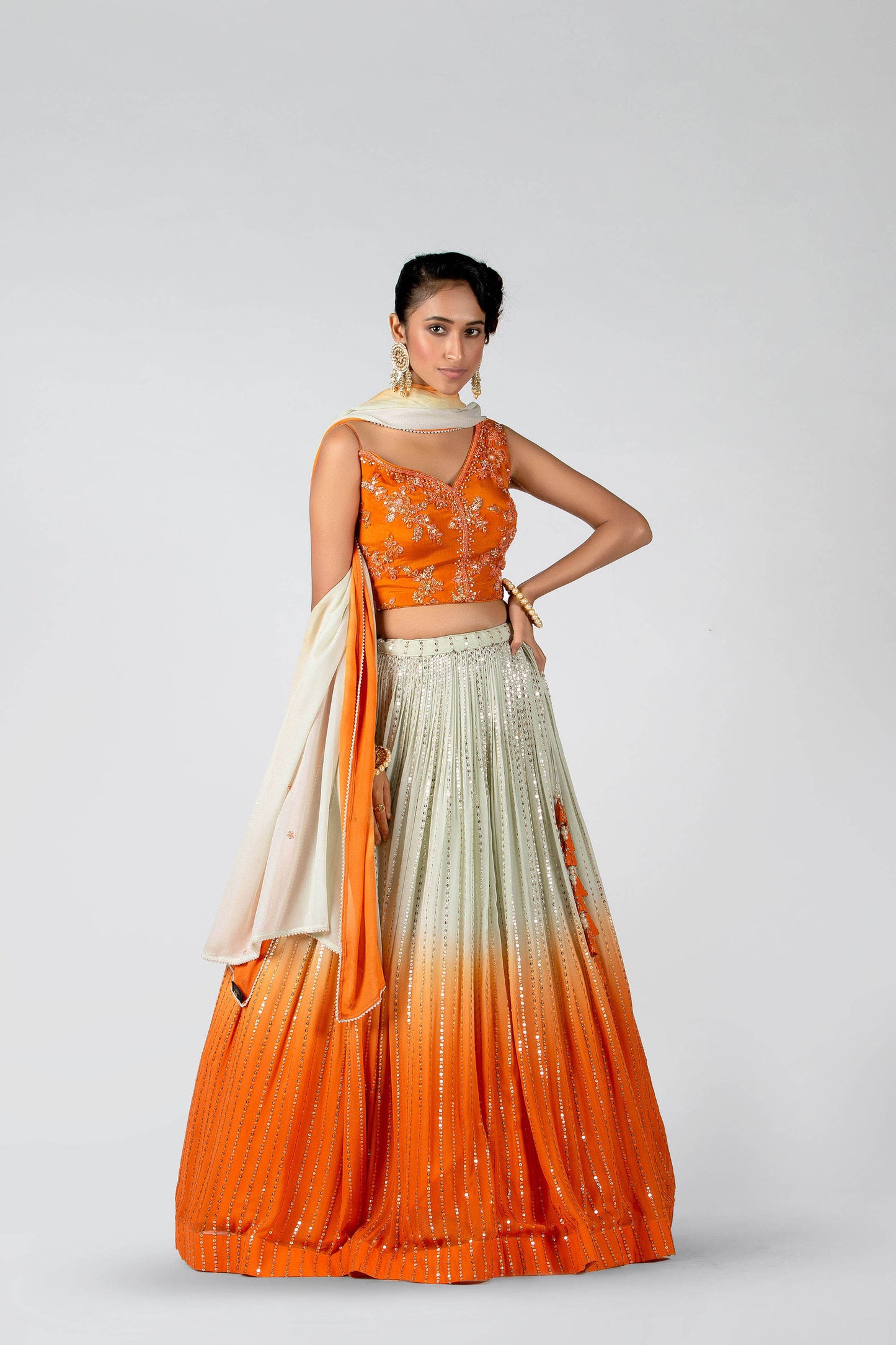 Blaze Orange & Sea-Green Pleated Skirt Lehenga Set