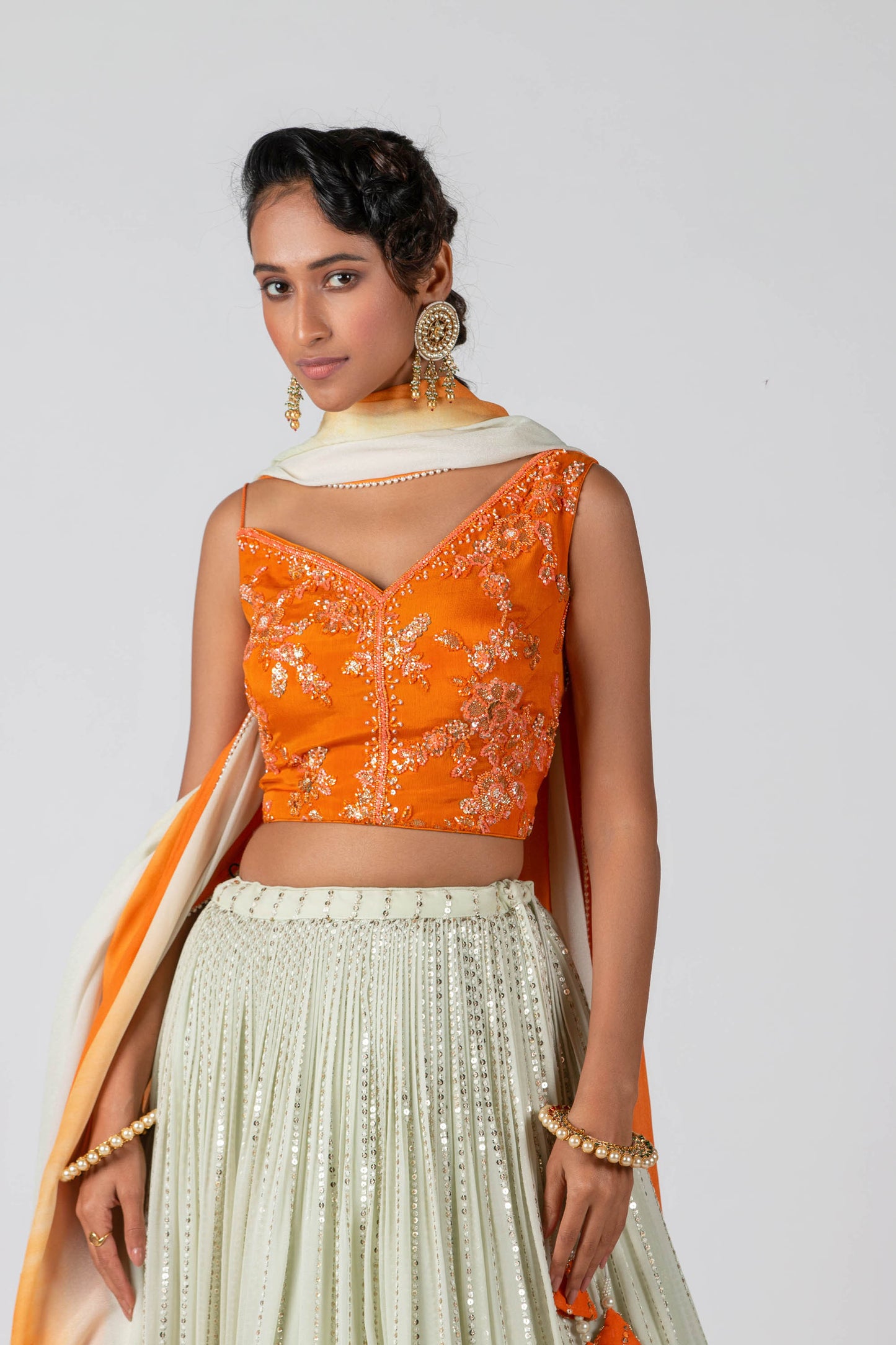 Blaze Orange & Sea-Green Pleated Skirt Lehenga Set