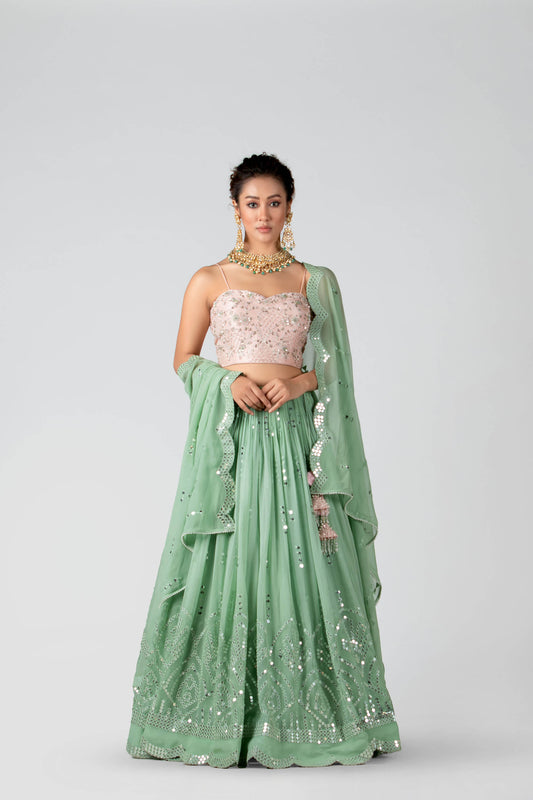 Leaf Green Embroidered Skirt Lehenga Set