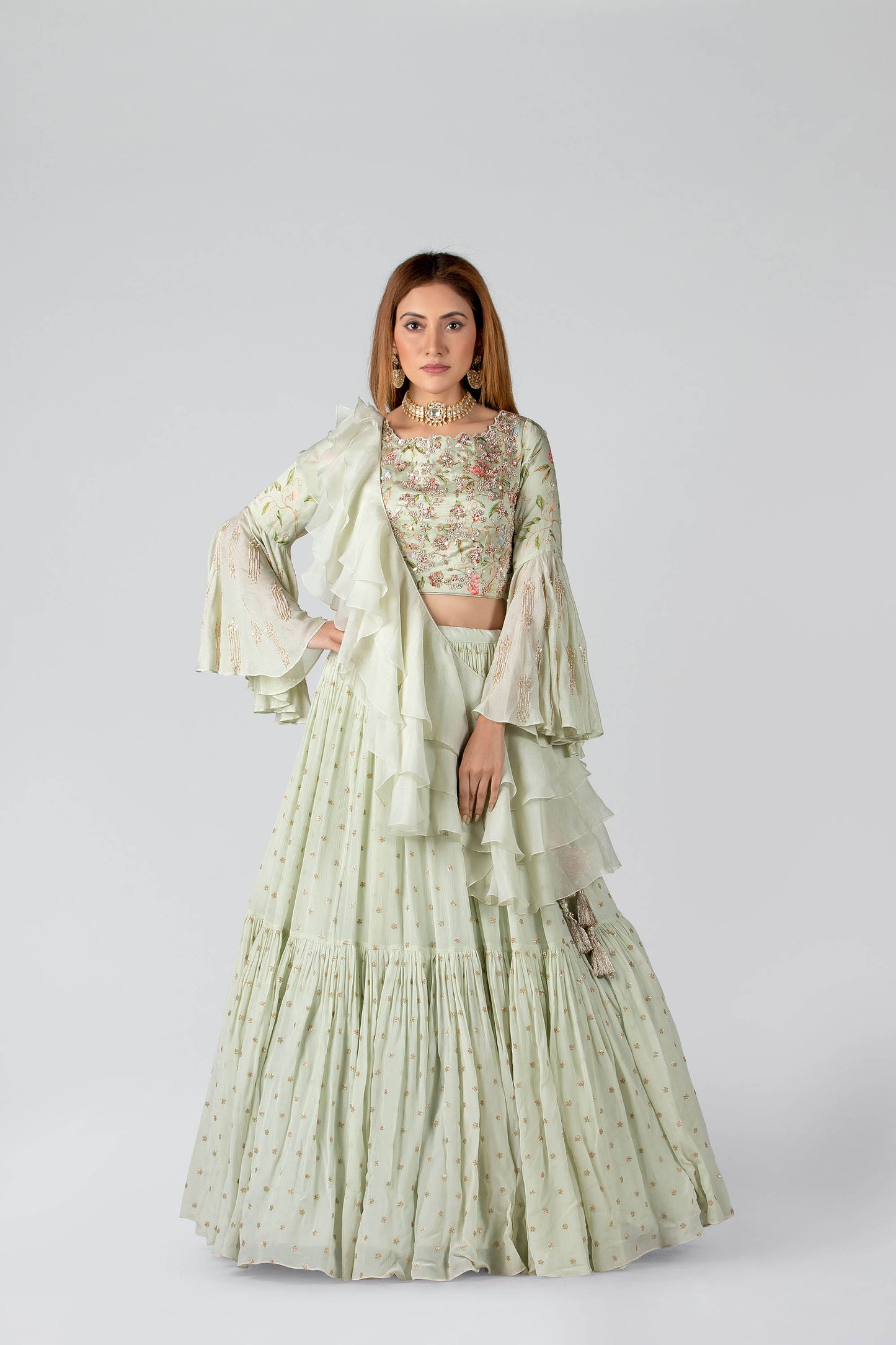 Mint Georgette & Satin Silk Layered Lehenga Set