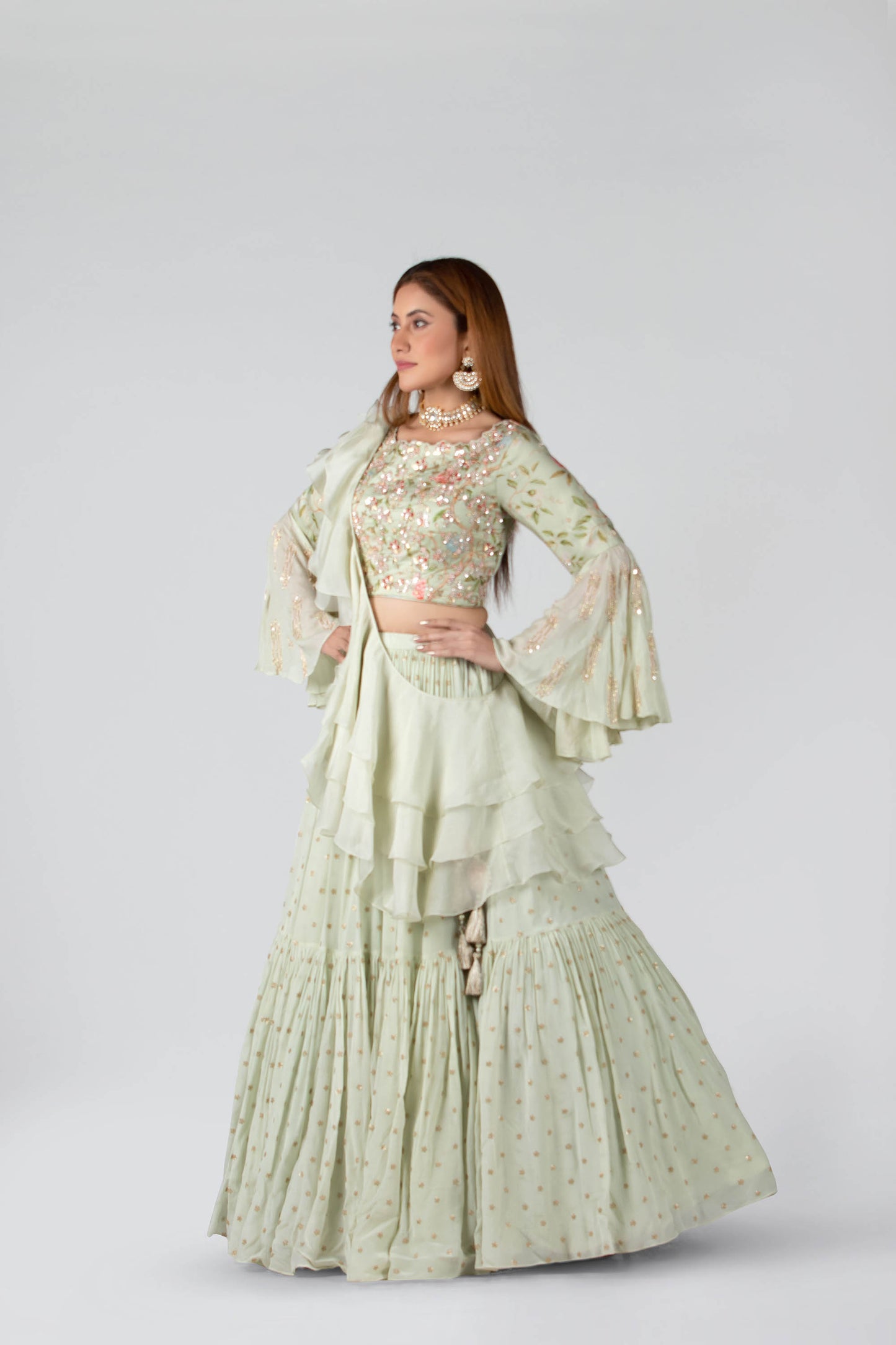 Mint Georgette & Satin Silk Layered Lehenga Set